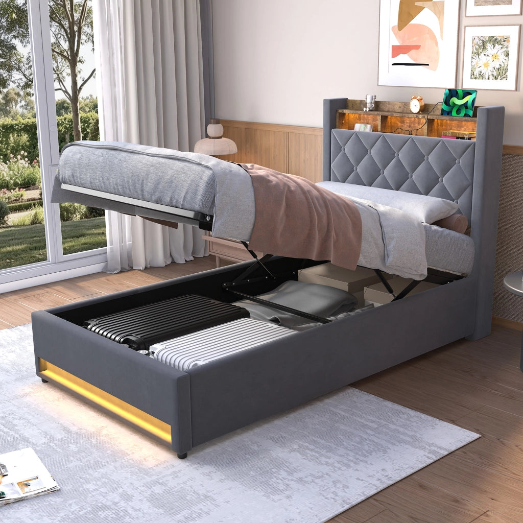 LETTO Imbottito 90 x 200 cm in Velluto Grigio con LED, USB e Contenitore