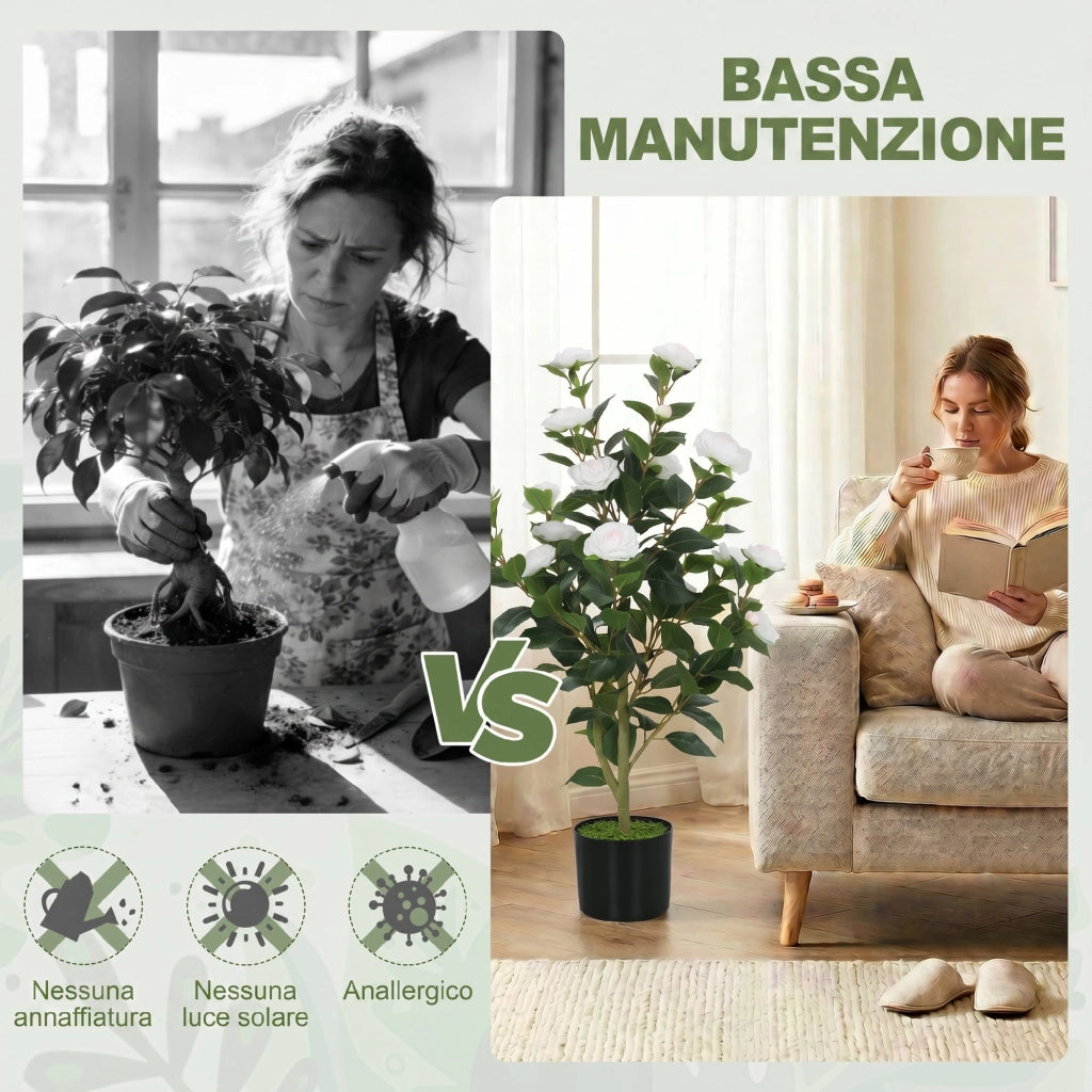Pianta Artificiale Camelia con Fiori ¨C Xylo ¨C 176 Foglie PEVA Vaso Nero PP Bianco