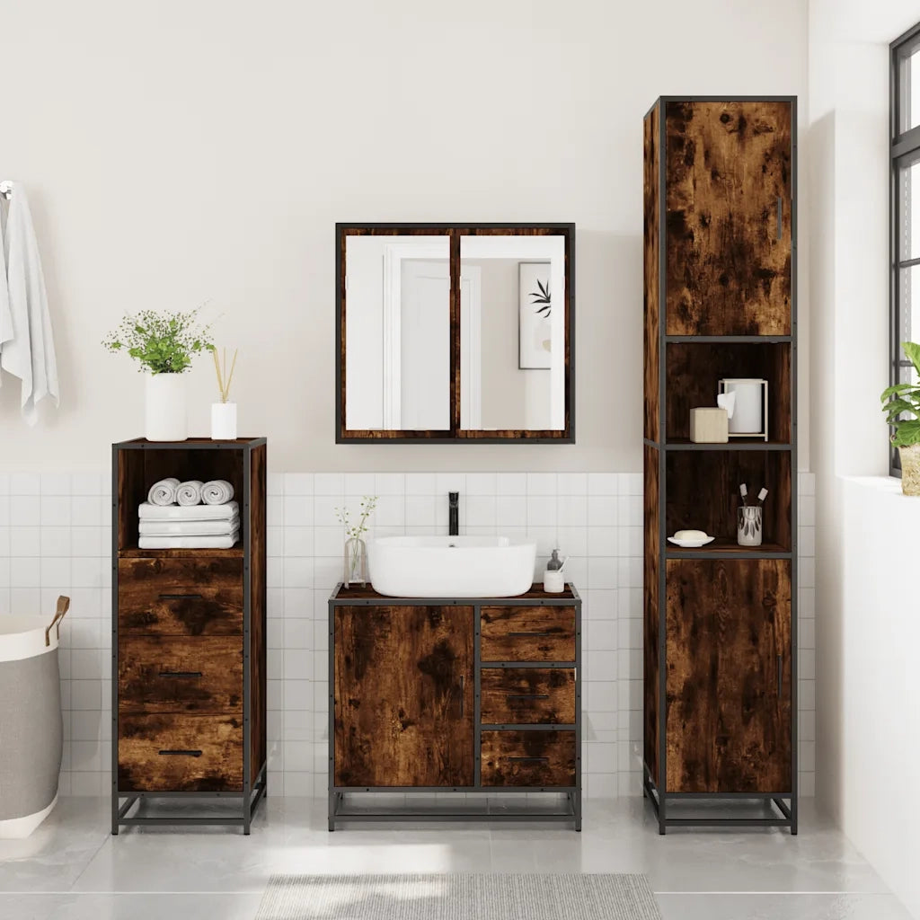 Set Mobili da Bagno 3 pz Rovere Fumo in Legno Multistrato 3301077