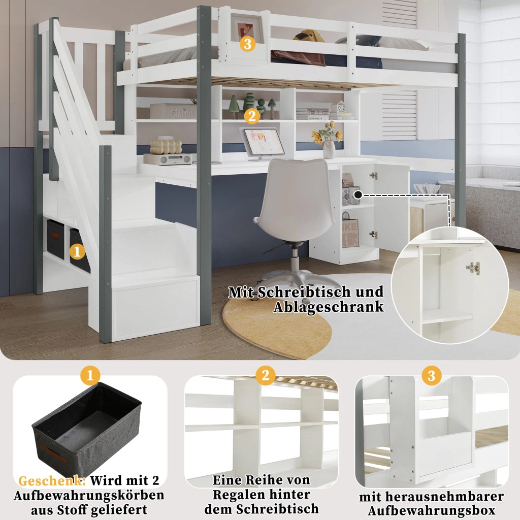 Letto a castello bianco grigio con funzione contenitore in legno e MDF 90x200 cm