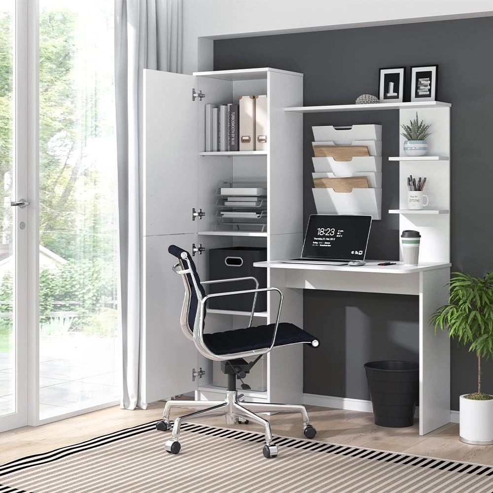 Scrivania con ripiani Tessa, Bianco, 122.9 x 52 cm, con ripiano per spazio di appoggio aggiuntivo