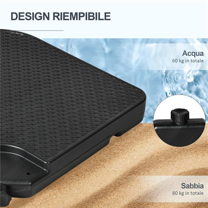 BASAMENTO PER OMBRELLONE SET 4 PEZZI IMPILABILI CON MANIGLIE INTEGRATE IN HDPE 99.7X99.7X8.3 CM NERO