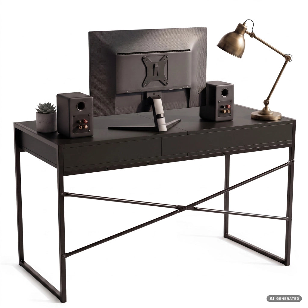 Scrivania industriale per computer Nera ELONIS 123 cm 2 cassetti 1 ripiano gambe nere