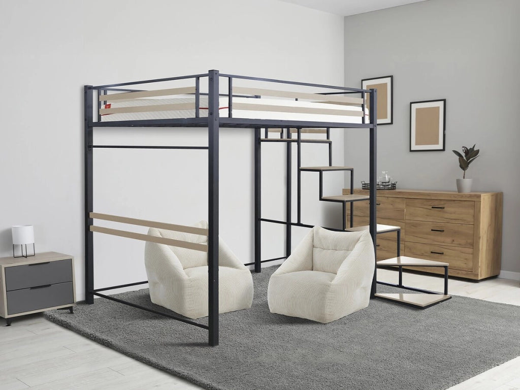 Letto a soppalco in metallo con scale "LENA" - 140 x 190 cm - Nero