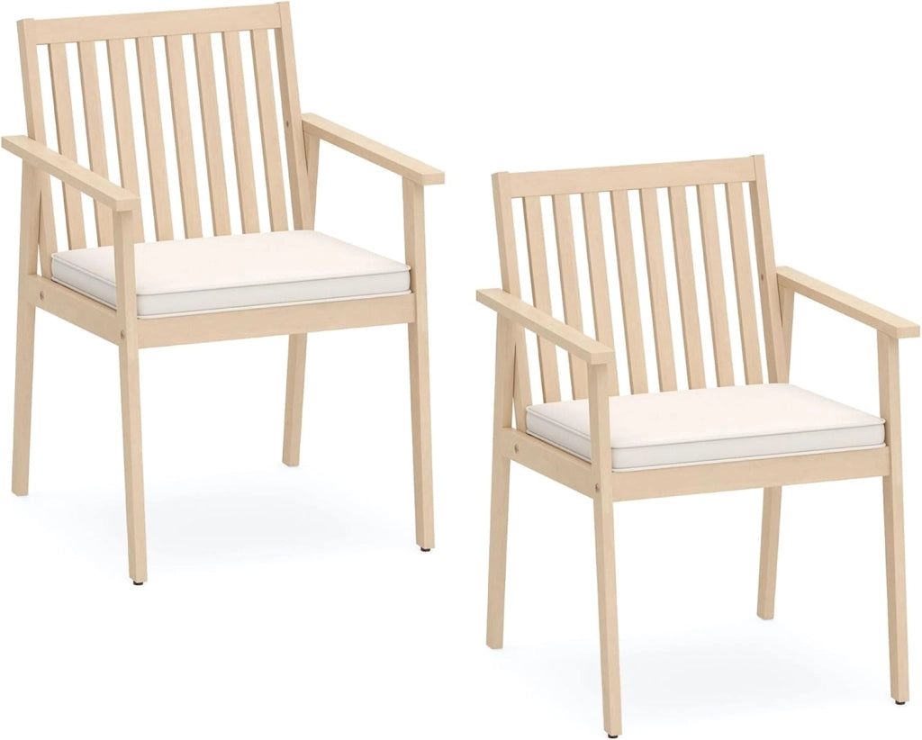 Set di 2 Sedie da Giardino Ergonomiche con Cuscino Rimovibile, Sedie da Pranzo con Braccioli, Poltrona in Legno di Acacia da Terrazza, Balcone, Cortile, Portata 180kg (Naturale)