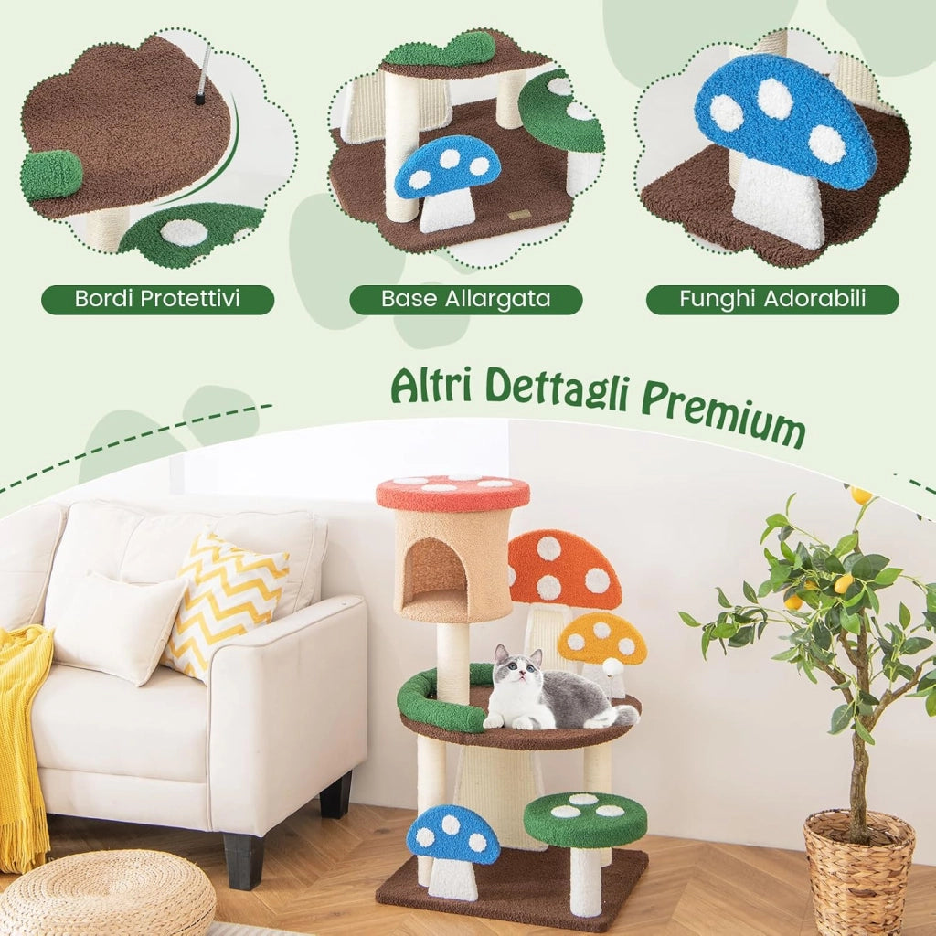 Albero per Gatti a Fungo 4-in-1, Torre Multi-Livello per Gatti con Condo, Piattaforma e Palla a Molla, Centro Attività per Gattini con Pali in Sisal e Tiragraffi