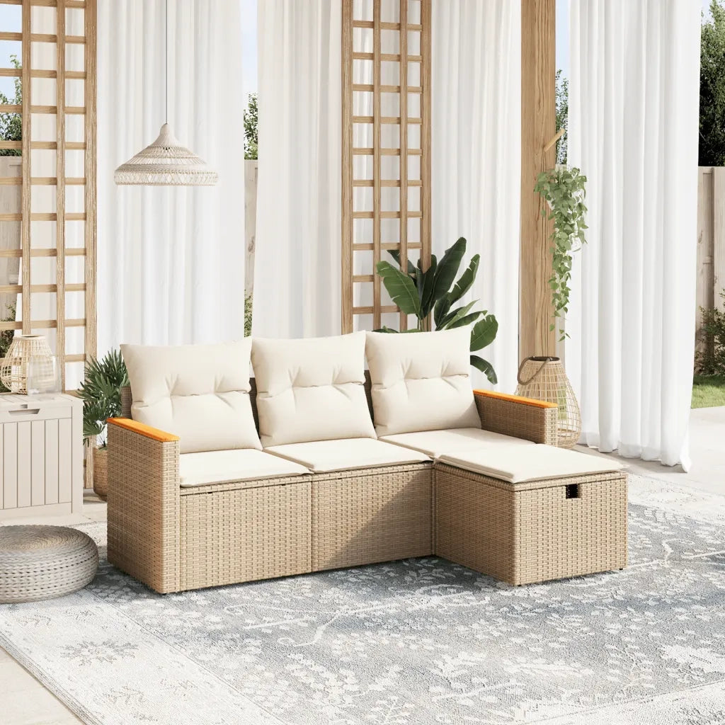Set Divano da Giardino 4 pz con Cuscini Beige in Polyrattan