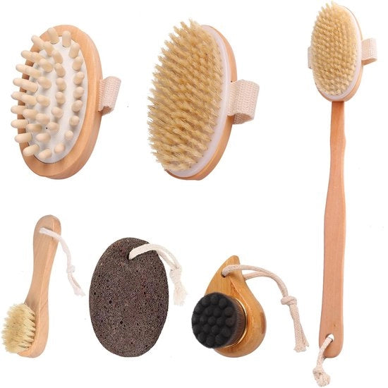 Set di borsette per il corpo con spazzola per il corpo, spazzola per il viso, spazzola per i piedi con pietra pietrificante per una pulizia naturale, set di borsette per la massaggio del corpo per la pulizia e la peeling completo