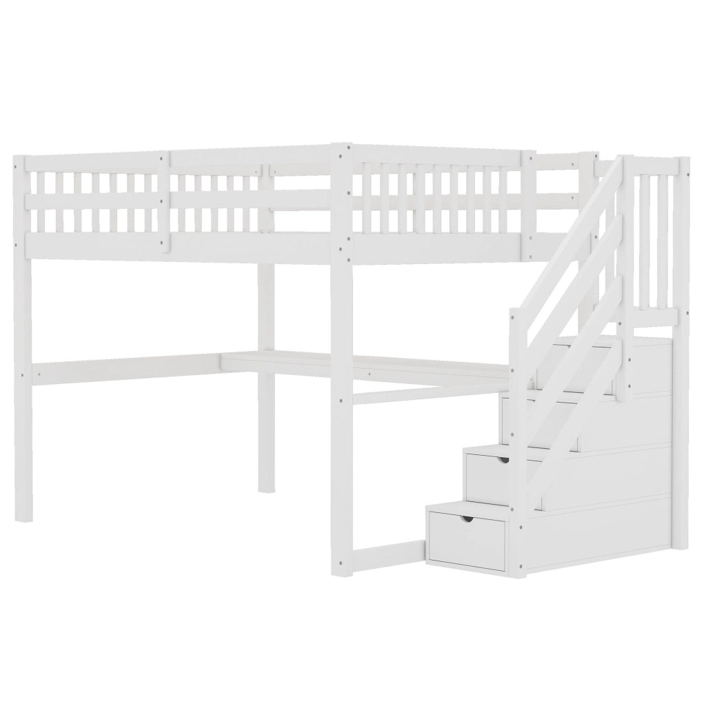 Letto a castello bianco in pino con cassetti portaoggetti e scrivania sottostante 140x200 cm