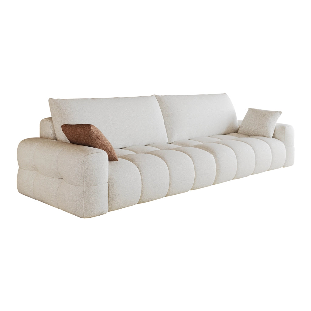 Divano modulare con chaise longue e seduta profonda in tessuto bianco crema