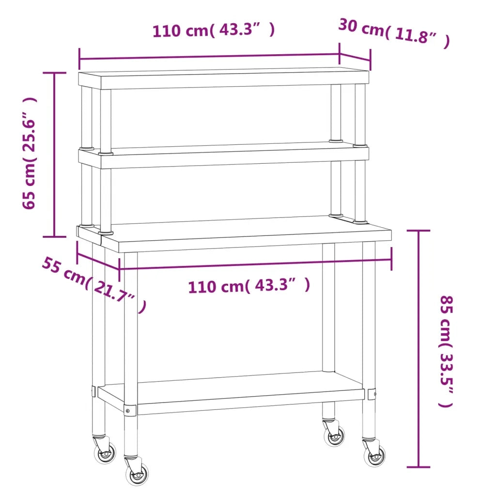 Tavolo Lavoro Cucina con Ripiano 110x55x150 cm Acciaio Inox CFW5609926