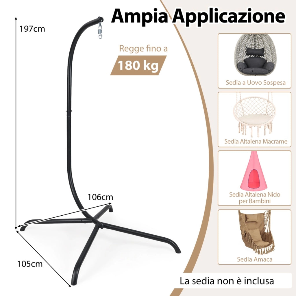Supporto per sedia sospesa in metallo pesante con gancio a molla e rotazione a 360¡ã, Supporto per amaca C Nero