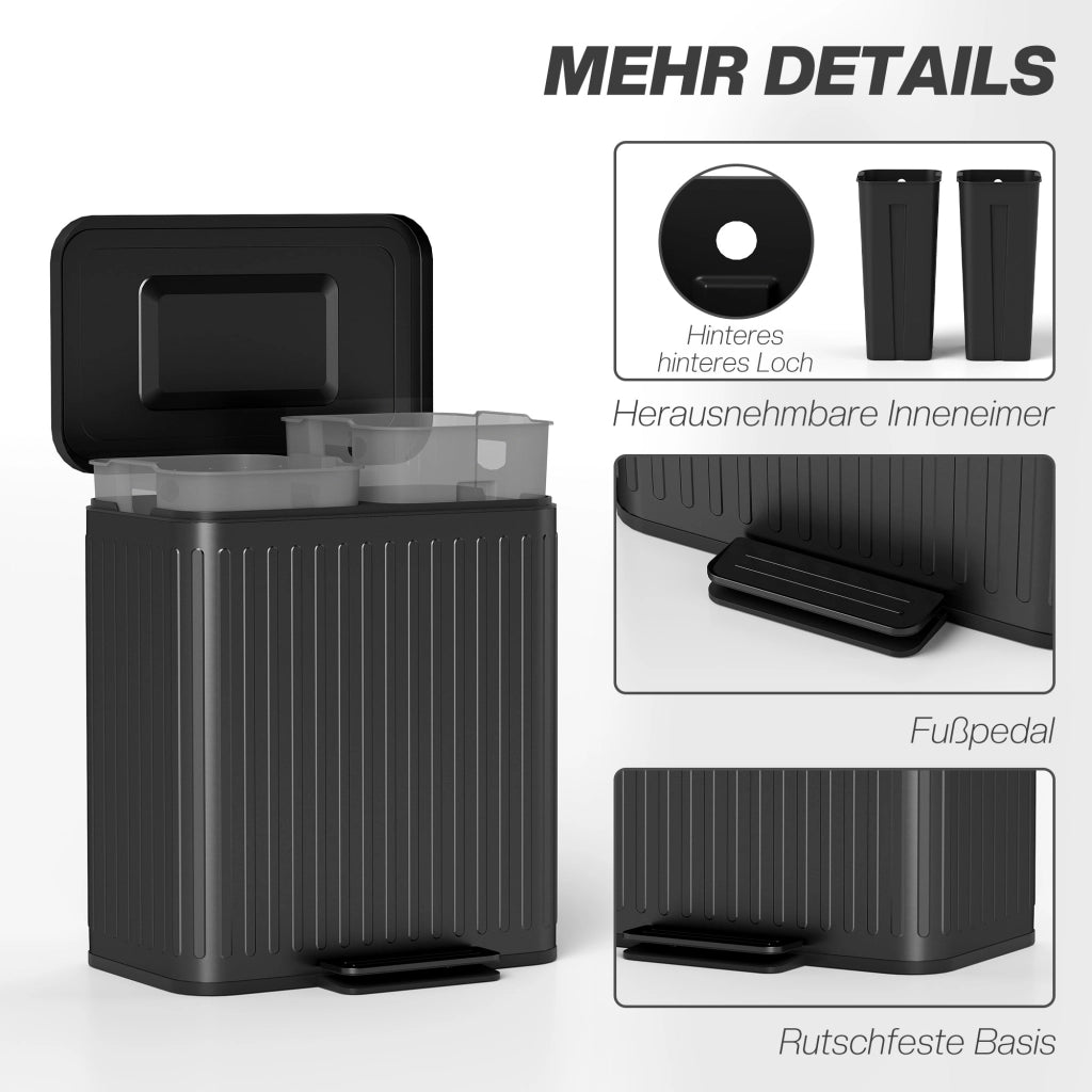Pattumiera da Cucina 2x20L ¨C Xylo ¨C Doppio Scomparto con Pedale, Plastica e Metallo, Nero