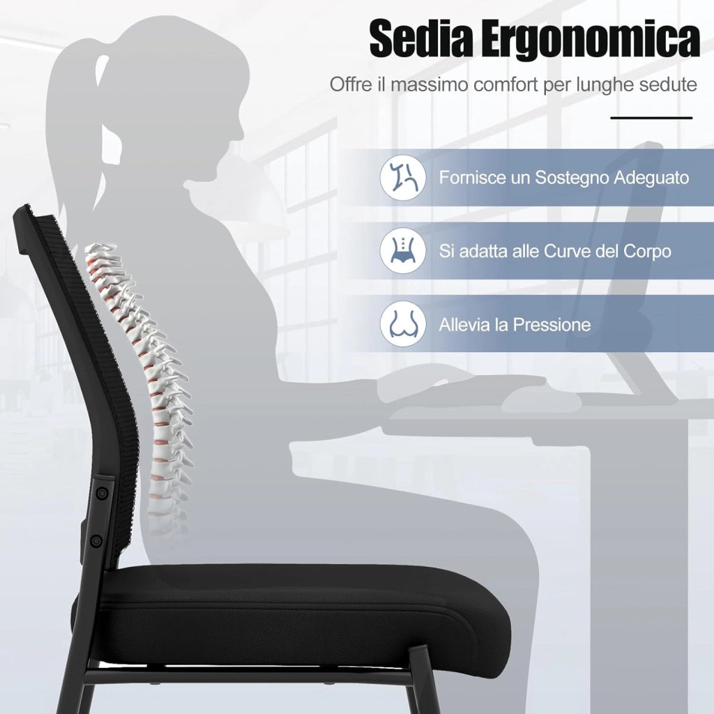 Set di 2 Sedie da Attesa con Ruote,Sedie da Ufficio Impilabili con Schienale in Rete, Sedia da Conferenza senza Braccioli, Sedie per Reception, Portata 125 kg