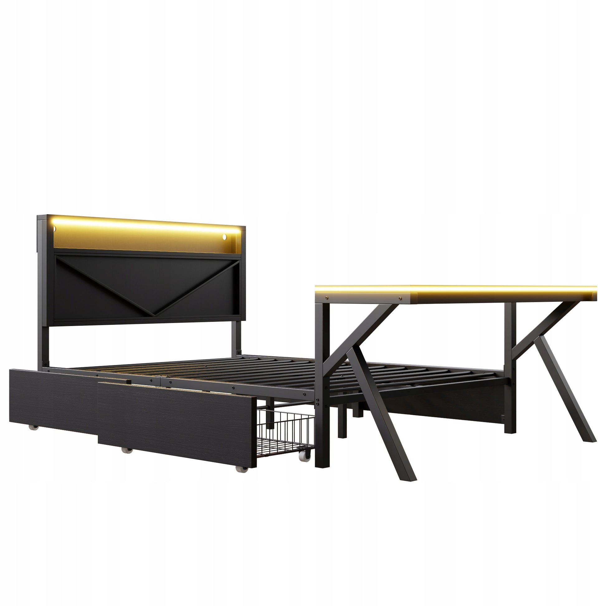 Letto gaming 140x200 - Xylo - LED, scrivania, cassetti, nero