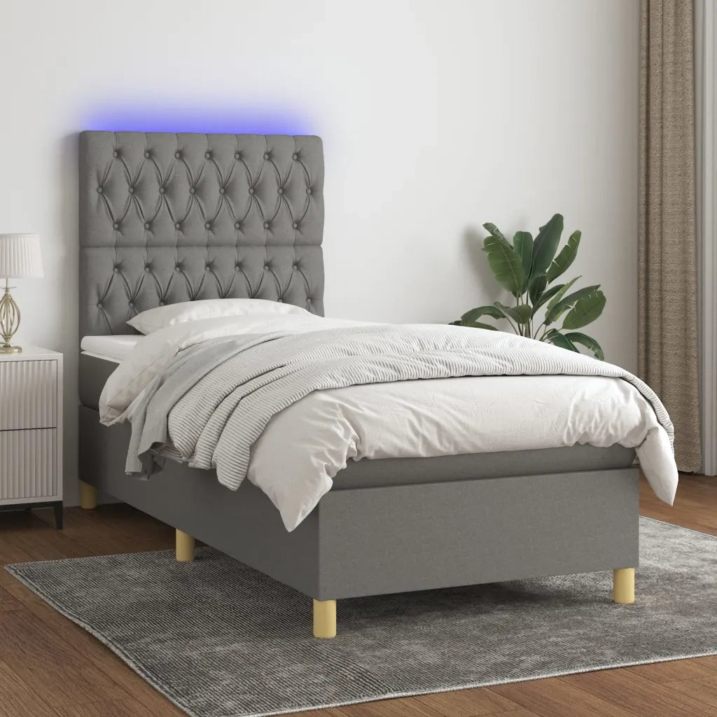 Letto a Molle Materasso e LED Grigio Scuro 90x190 cm in Tessuto