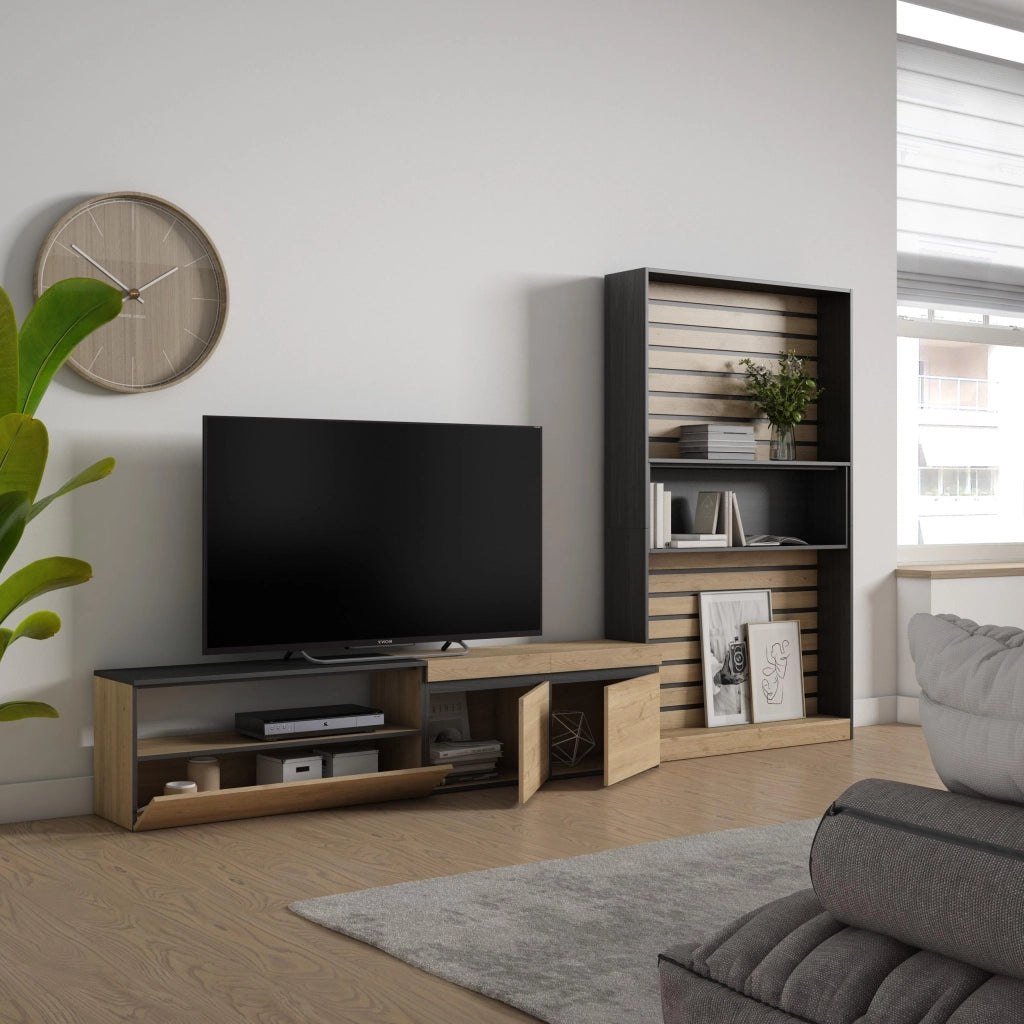 Mobile TV, Soggiorno, 310x35x186cm, Per TV fino a 80", Set di mobili, colore Rovere e nero RF2857