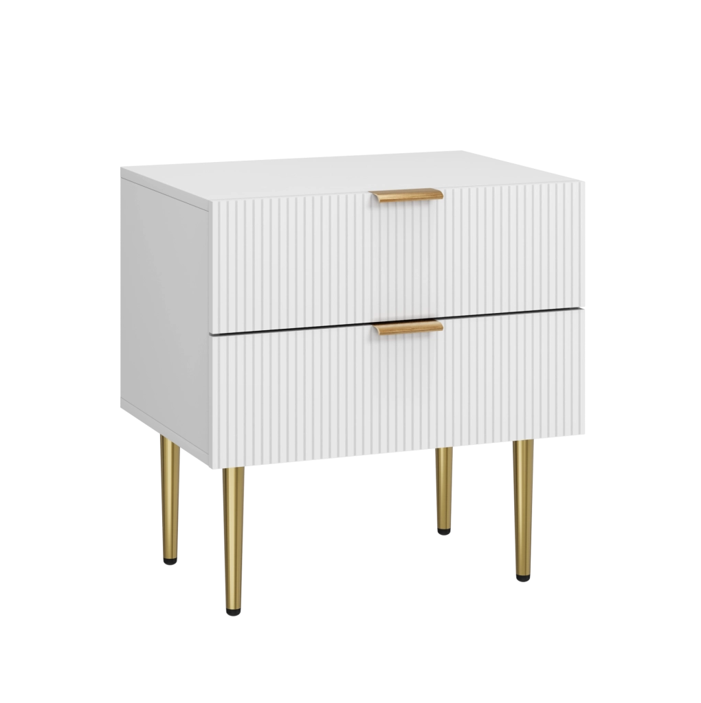Comodino bianco con 2 cassetti e gambe in metallo