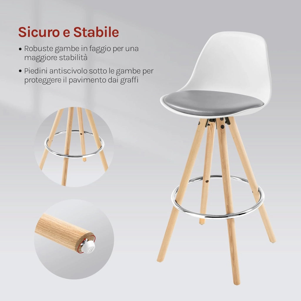 Sgabello da Bar Sedia Cucina in PU Gambe Legno Schienale di Plastica, Grigio-Bianco