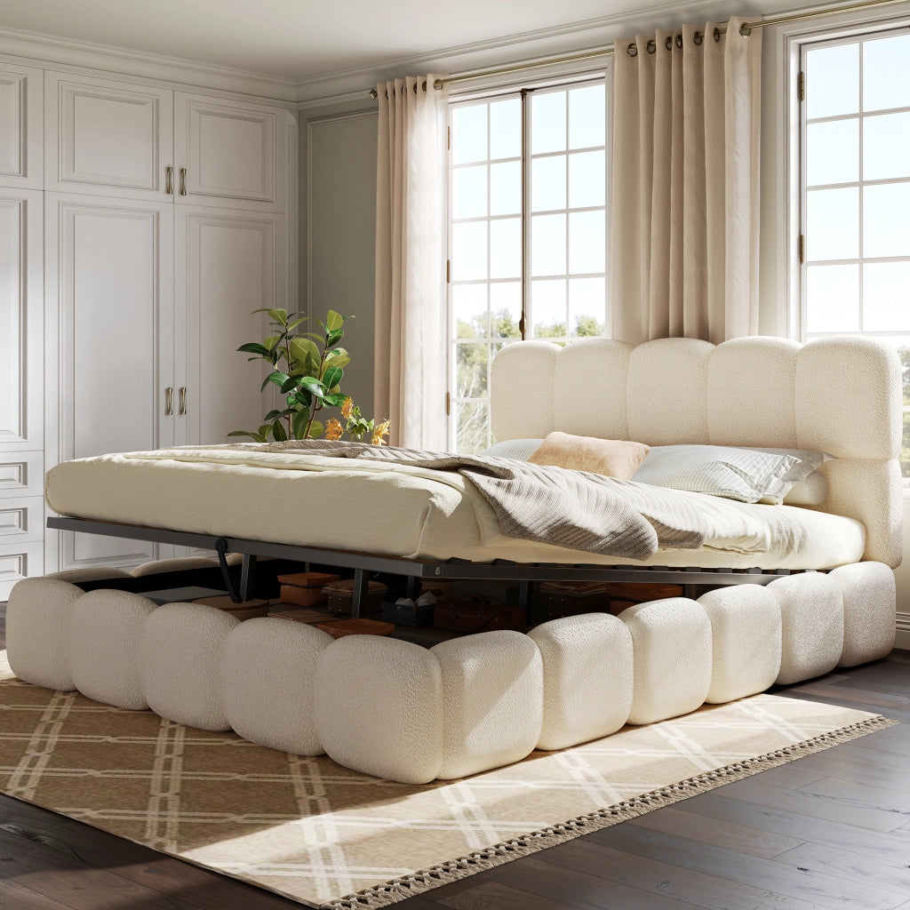 Letto imbottito 180 × 200 cm con contenitore idraulico e rete a doghe inclusa in bouclé bianco