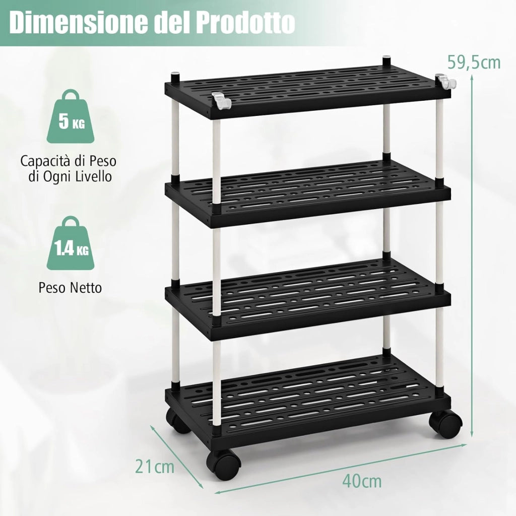Carrello Sottile a 4 Piani, Scaffale per Cucina con Ruote Bloccabili, Ganci Laterali, Scaffale di Stoccaggio Multiuso, Carrello Estraibile per Cucina Garage Ufficio, 40x21x59,5 cm