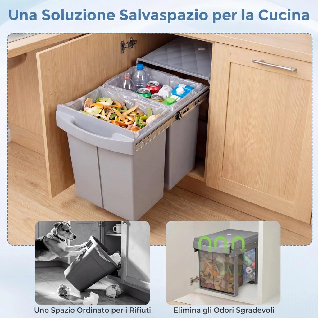 Pattumiera Estraibile Sottolavello, Pattumiera Differenziata con 2 Scomparti Rimovibili 20+20 L, Bidone della Spazzatura per Cucina, 51,5 x 34 x 41,5 cm