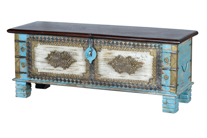 Cassapanca in massello di mango e particolari in ottone