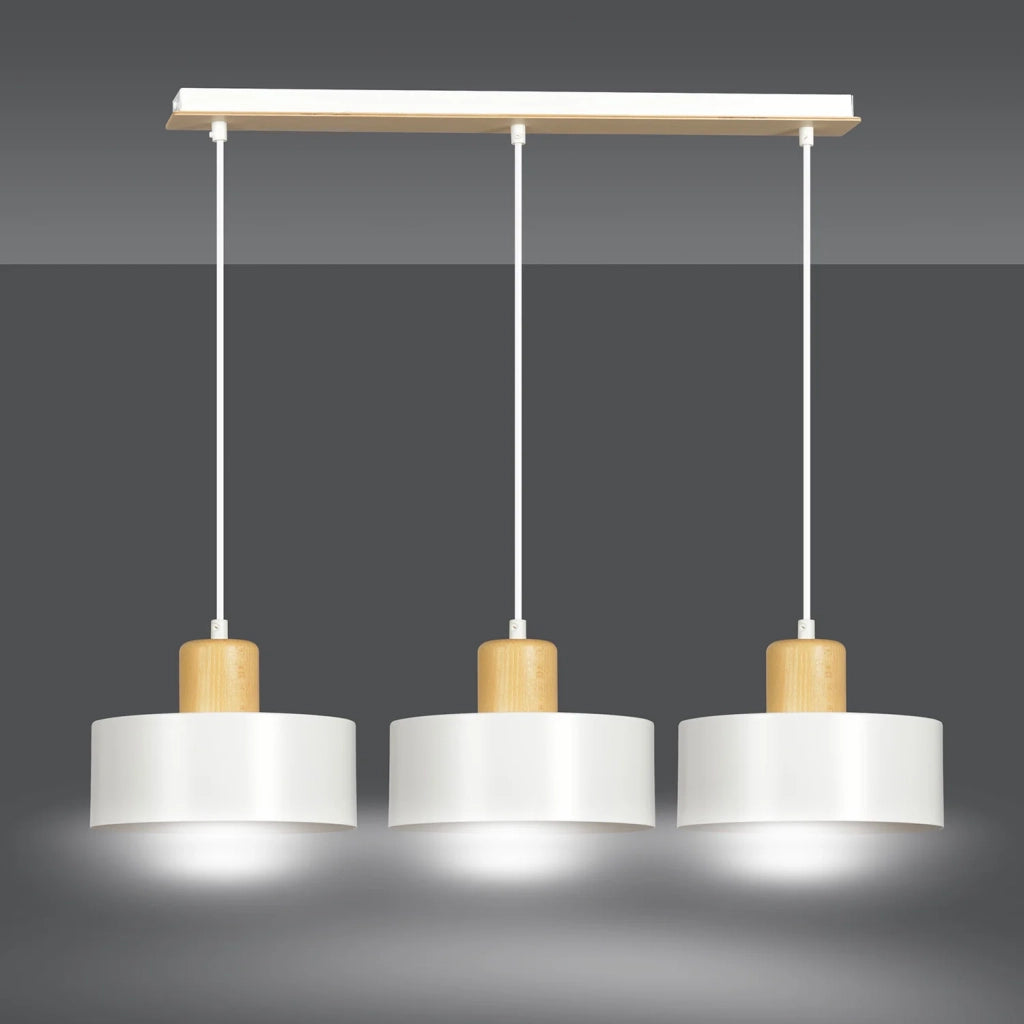 Sospensione Nordica 3 Luci Surya In Acciaio Bianco E Legno