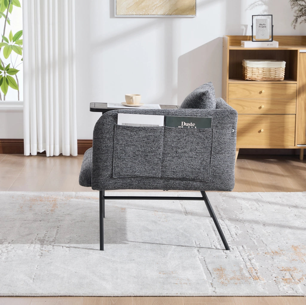 Poltrona da relax in chenille grigio scuro con tavolino laterale e tasche portaoggetti; 86x72x71 cm