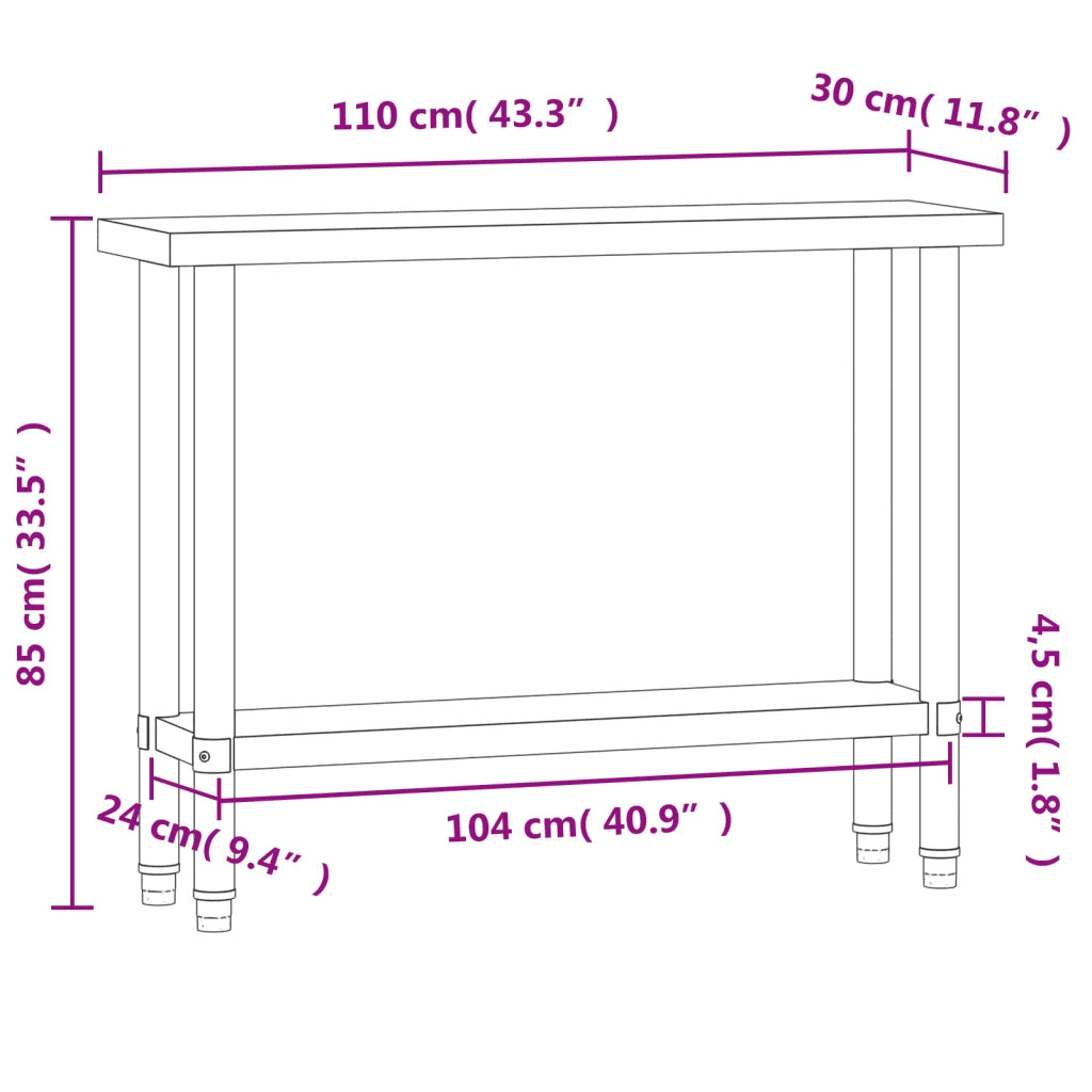Tavolo da Lavoro da Cucina 110x30x85 cm in Acciaio Inossidabile 376452