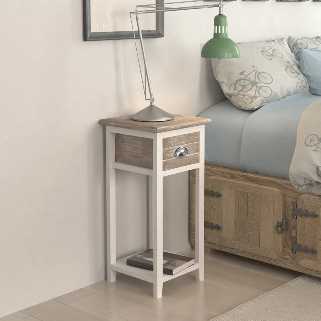 Comodino con 1 Cassetto-Tavolino da notte Marrone e Bianco