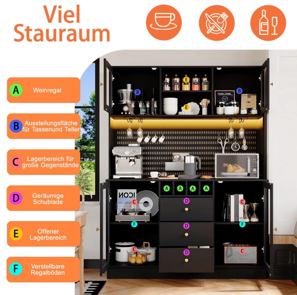Colonna cucina con LED smart, portabottiglie e vetro, nera
