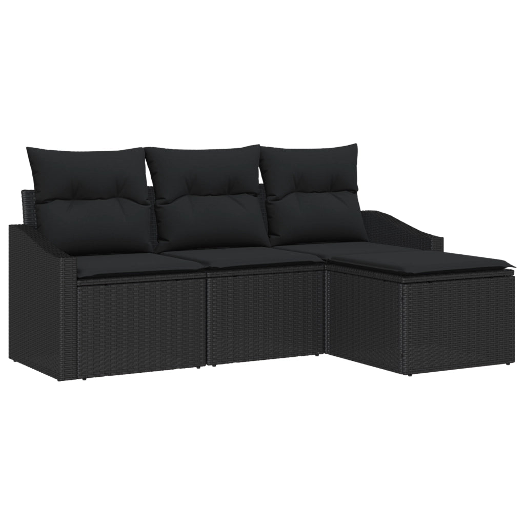 Set Divano da Giardino a 4 Pezzi con Cuscini Nero Rattan Poliestere