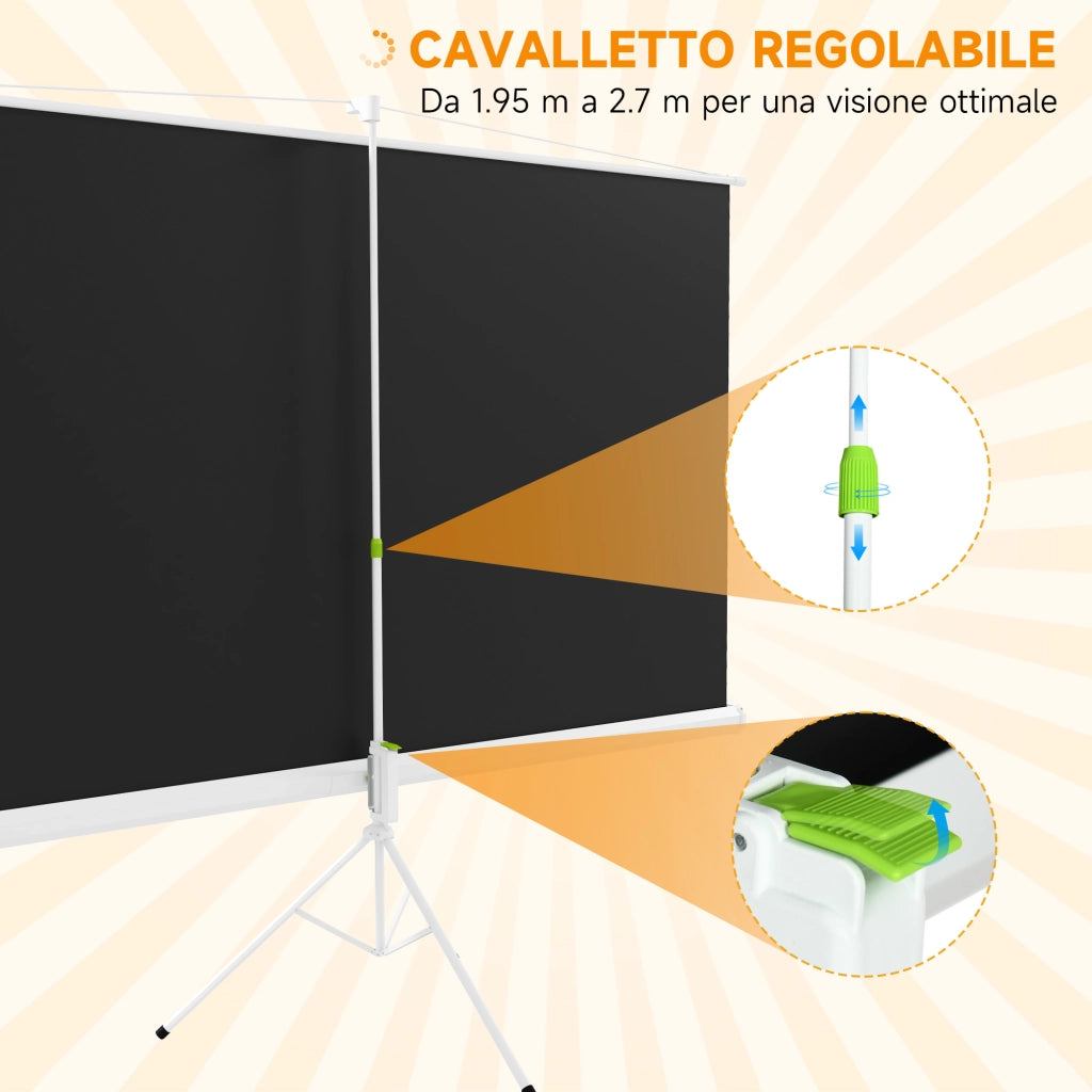 Telo per Proiettore Pieghevole da 100" con Treppiede Regolabile 235,8x8x136 cm in Plastica e Metallo Bianco