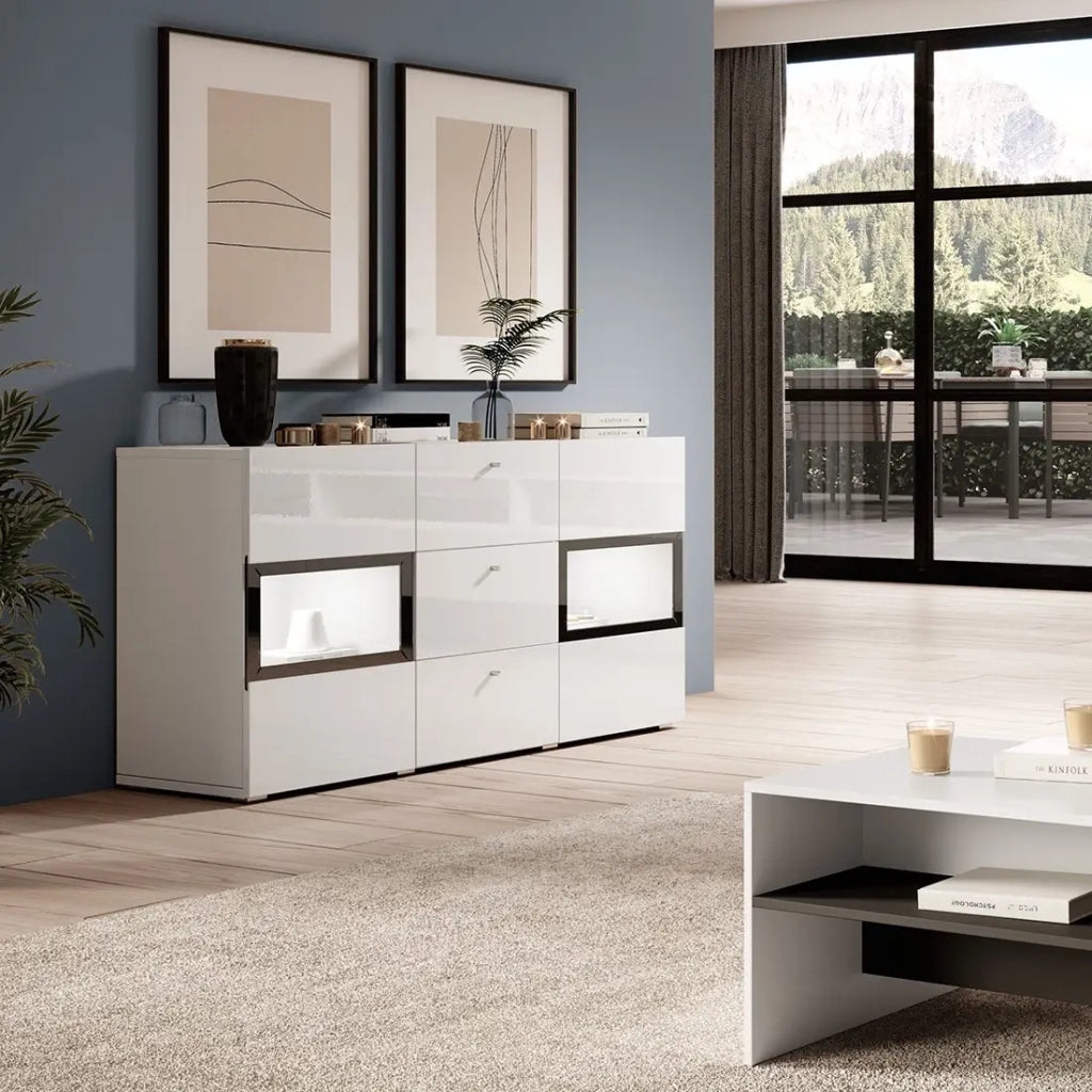 Buffet RAMOS – 2 porte in vetro + 3 cassetti – Colori bianco lucido e nero – LED non inclusa