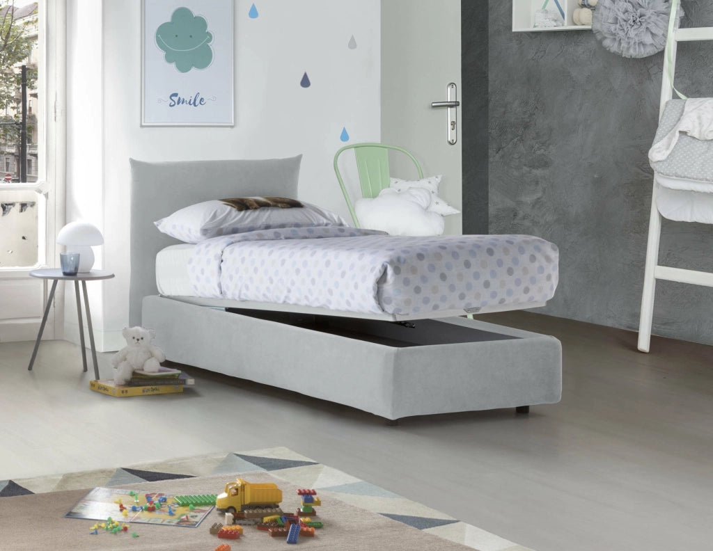 Letto singolo Azeglio, Letto contenitore con rivestimento in tessuto, 100% Made in Italy, Apertura frontale, con materasso Cm 80x190 incluso, Bianco