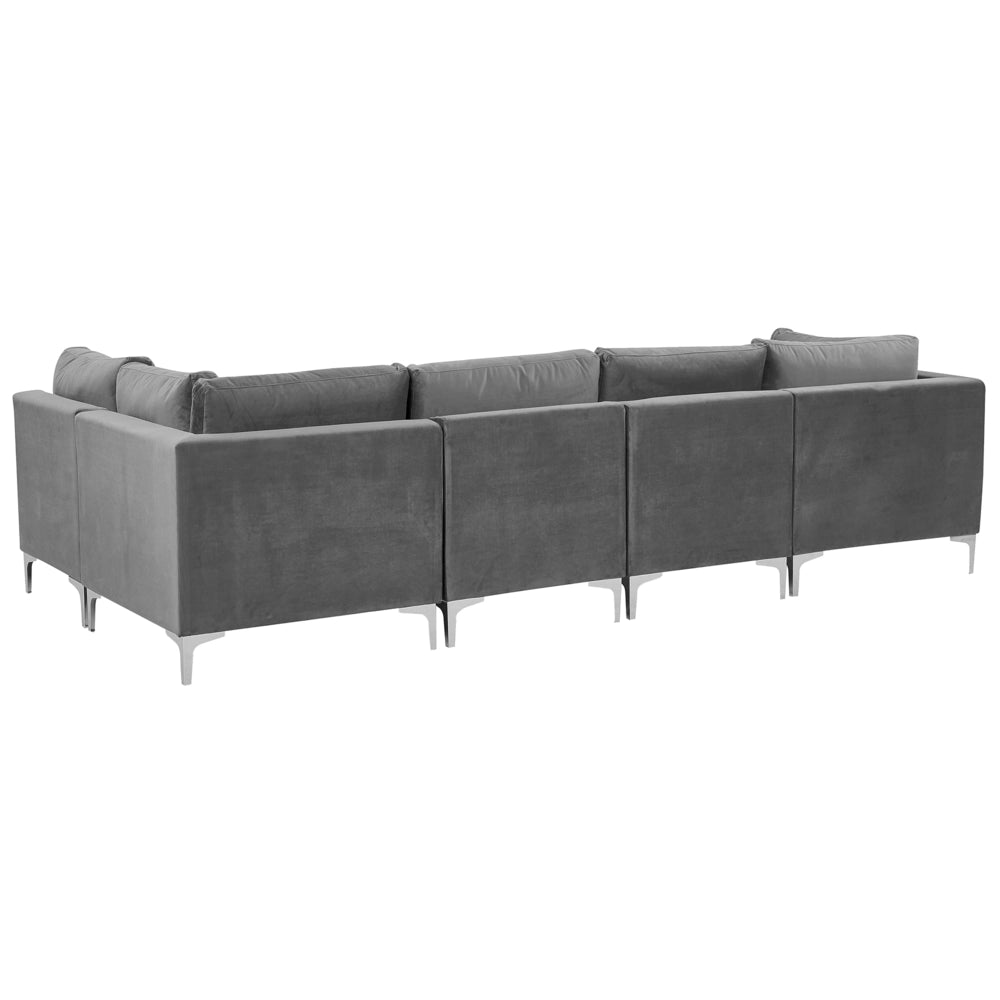 Divano ad angolo componibile versione sinistra a 5 posti in velluto grigio con gambe in metallo argento stile glamour