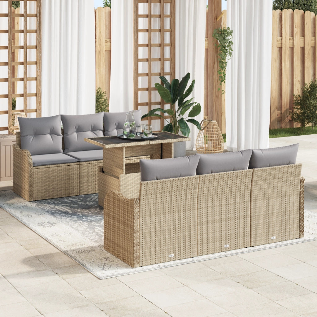 Set Divano da Giardino  7 Pezzi con Cuscini Beige Polyrattan