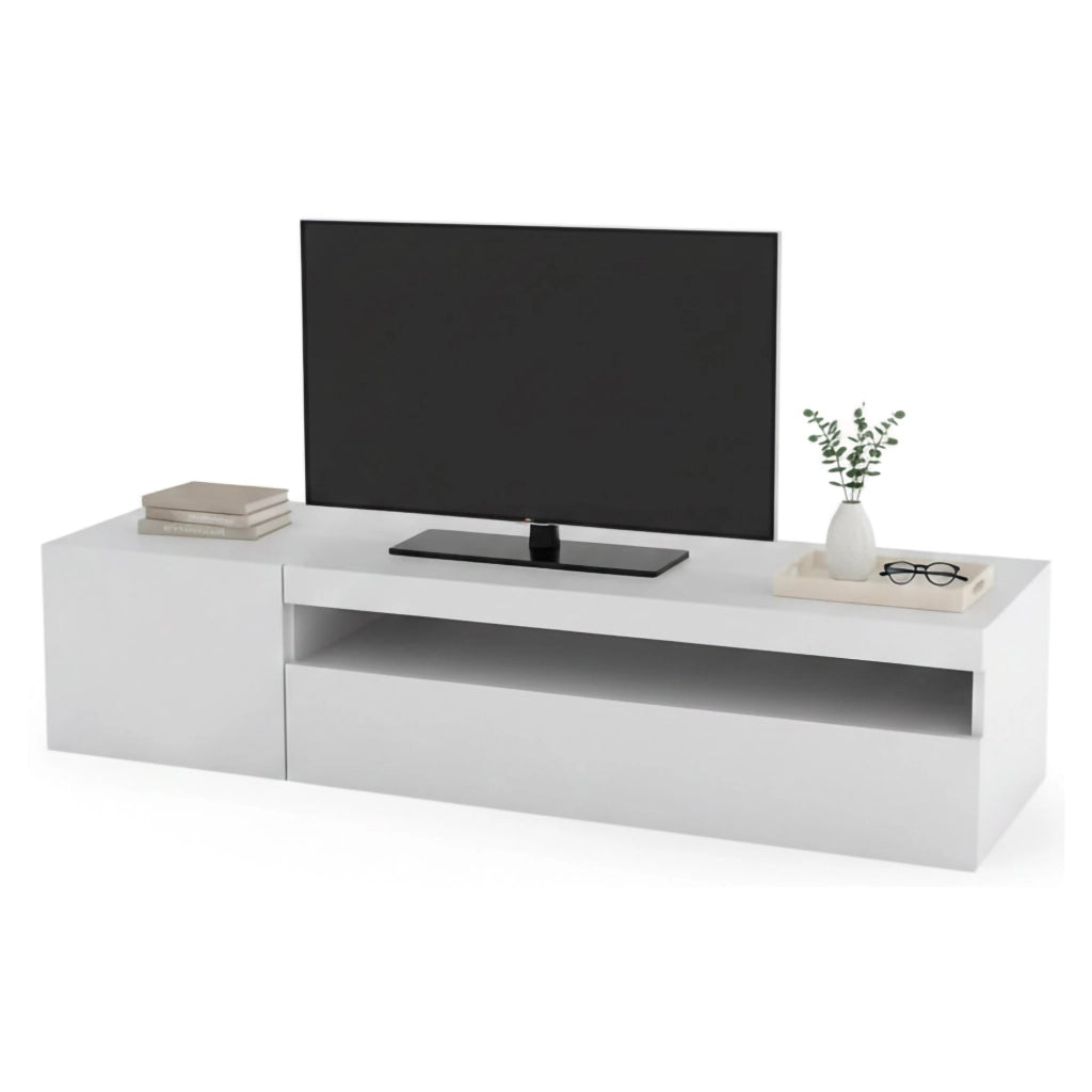 Mobile da soggiorno Porta Ardy, Made in Italy, Credenza per Ardy a 2 ante, Porta Ardy da salotto, cm 150x40h37, Bianco lucido, con luce LED blu