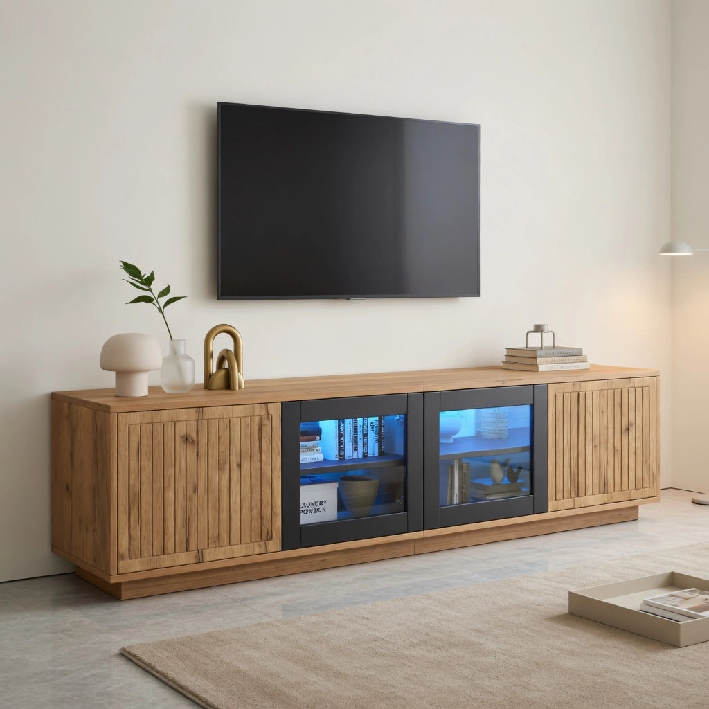 Cassettiera TV colore naturale e nero in truciolare lunga 180 cm