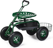 Sedile girevole per giardinaggio, sedile da giardino, girevole a 360°, regolabile in altezza, 45,5-54,5 cm, carrello da giardino con manico estraibile, ripiano e cestino da lavoro, portata 150