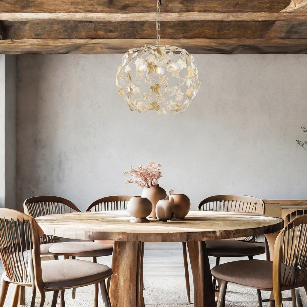 Lampadario Shabby Edera 3 Luci Ferro Battuto Avorio Oro Con Foglie E Cristalli