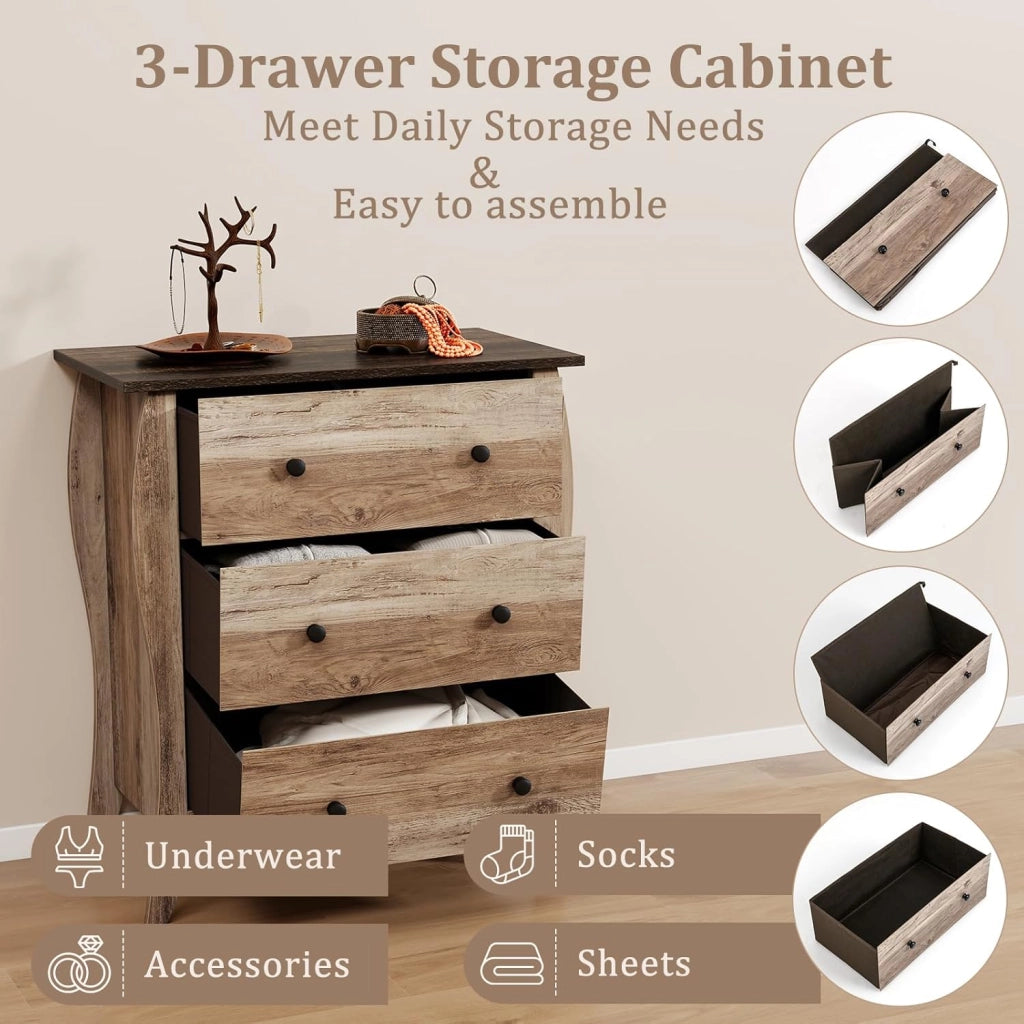 Cassettiera a 3 Cassetti Pieghevoli in Tessuto, Comò Camera da Letto in Legno, Mobiletto Cucina con Maniglie e Kit Antiribaltamento, Armadietto per Soggiorno, 67,5x38,5x76,5cm (Caffè)