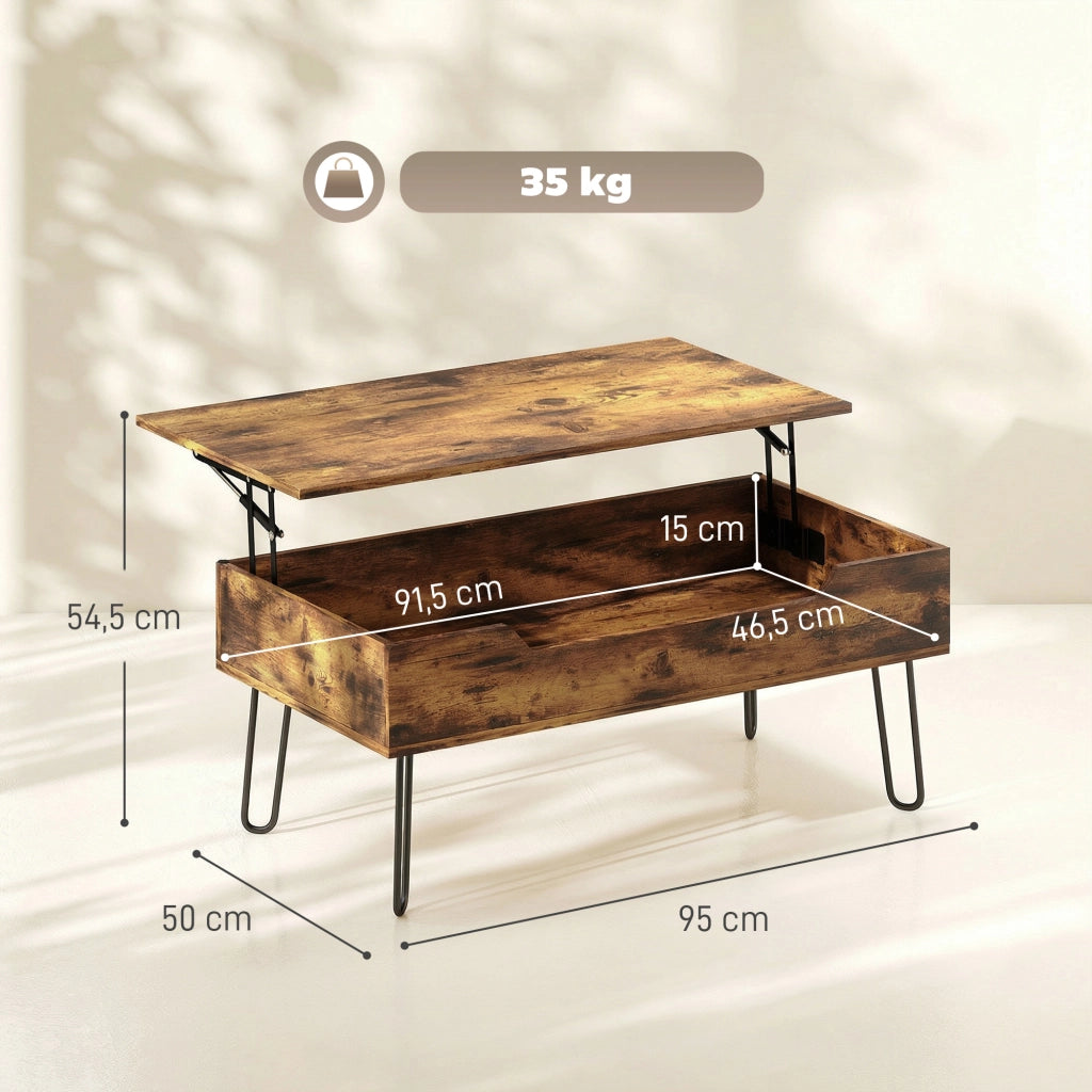Tavolino da caff¨¨ in legno con ripiano nascosto ¨C zephmum ¨C 95x50x40 cm, marrone rustico