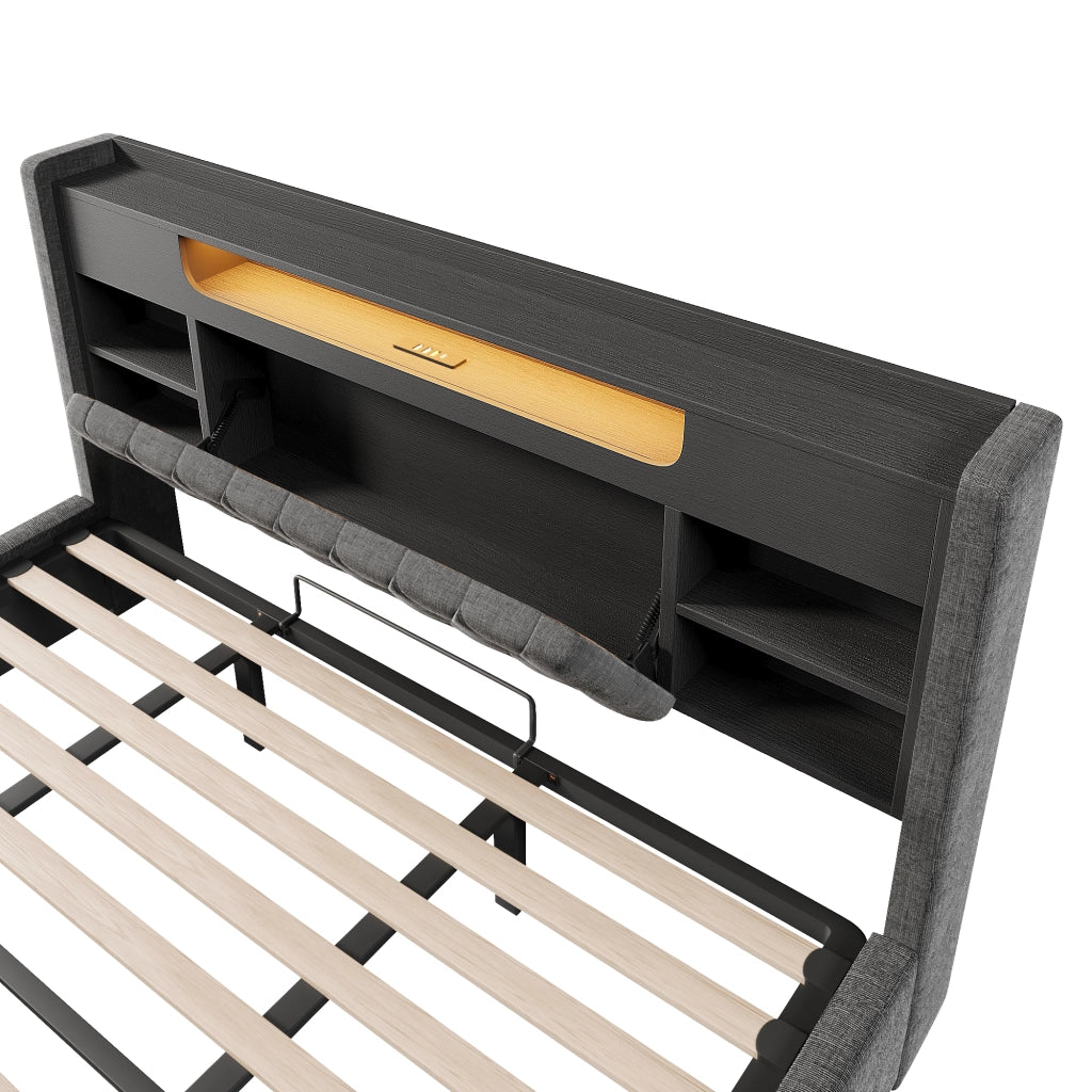 DESMIU Lit coffre 180 × 200 cm 2 posti con LED, USB e Type-C, contenitore idraulico, senza materasso, grigio
