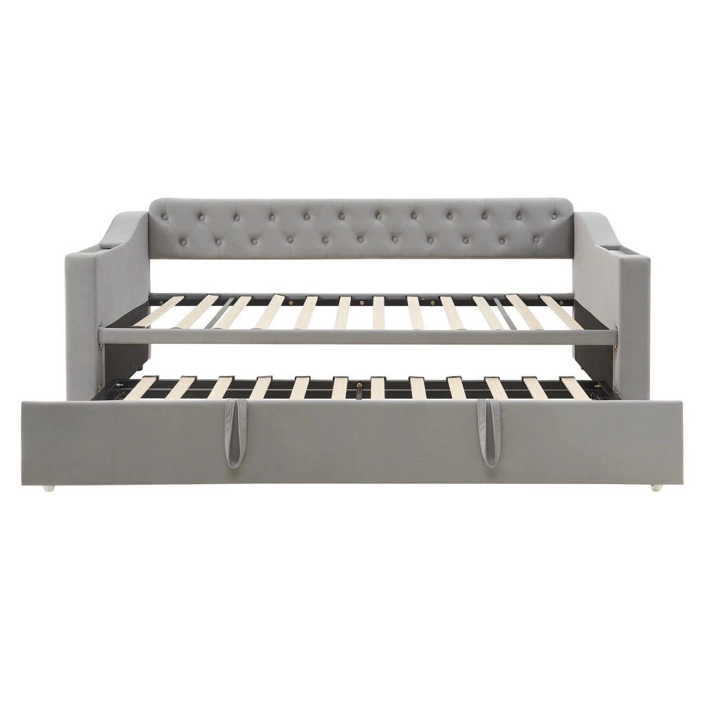 Divano letto imbottito 90x190 cm estendibile 180x190 cm in velluto grigio con USB e vani portaoggetti