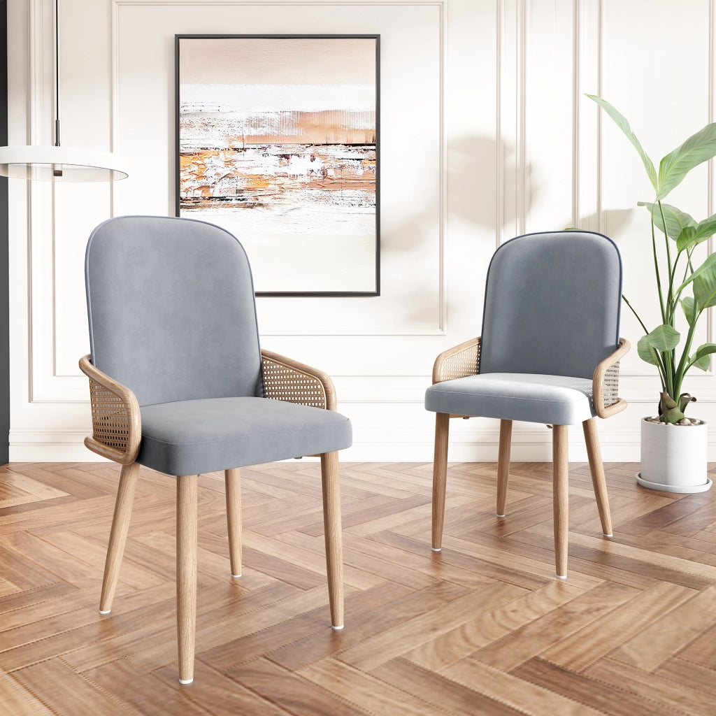 OKWISH Set di 2 Sedie da Pranzo, con Schienale Effetto Rattan e Gambe in Metallo, Stile Naturale, Velluto Grigio