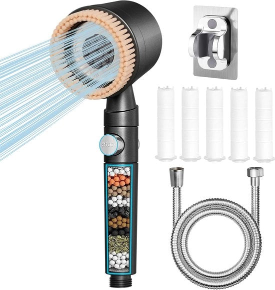 Douchekop idrorisparmiatore con alta pressione e filtro - Douchekop con tubo da 1,5 m e supporto e 5 filtri - Doucheset