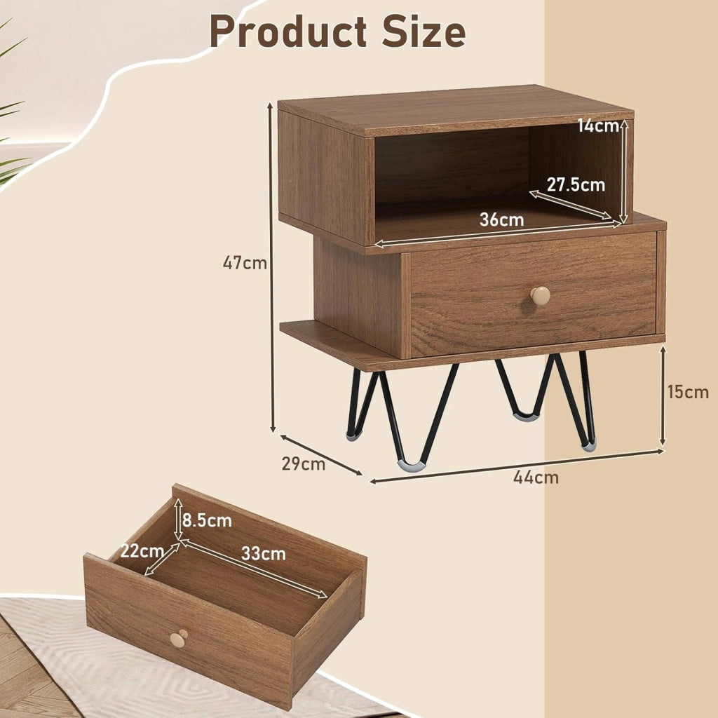 Set di 2 Comodini, Tavolini da Letto in Stile Moderno con Cassetto Rimovibile e Scomparto Aperto, Tavolini da Accento con Gambe in Metallo per Camera da Letto (Naturale)