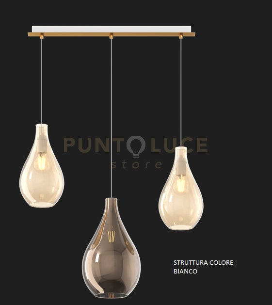 SOSP. BIANCO 3 LUCI RETTANGOLARE VETRI (1 MEDIO AMBRA+2 PICCOLI BRONZO) 1193BI-S3 RPM-AB